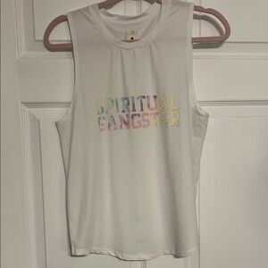 Spiritual Gangster White Muscle Tank with Pastel Rainbow Logo